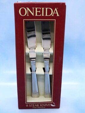 Oneida Amsterdam Set of 8 Serrated Steak Knives Solid Handle Frosted 9 1/4"